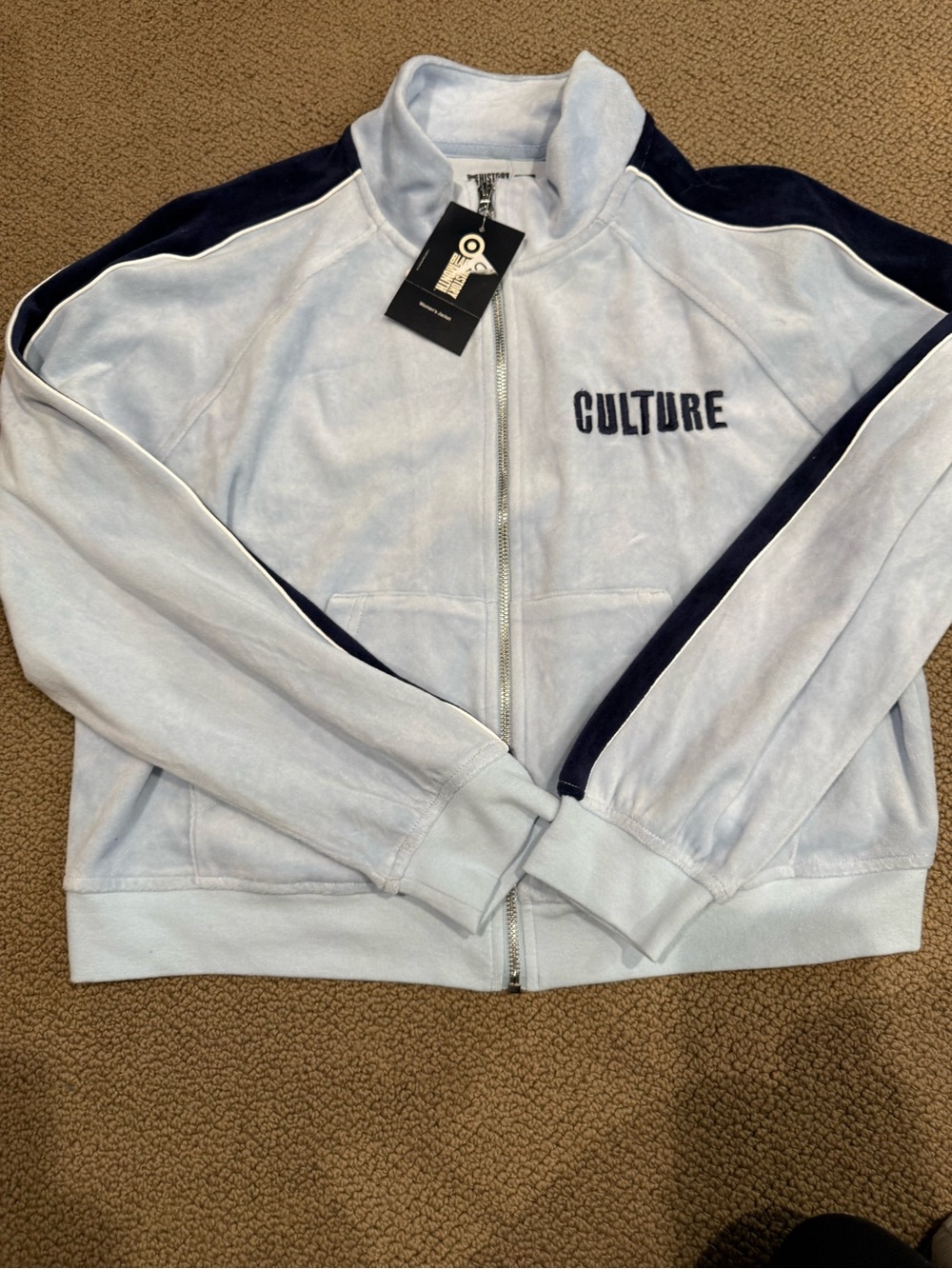 Culture Women's Light Blue Bomber Track Jacket with Navy Trim